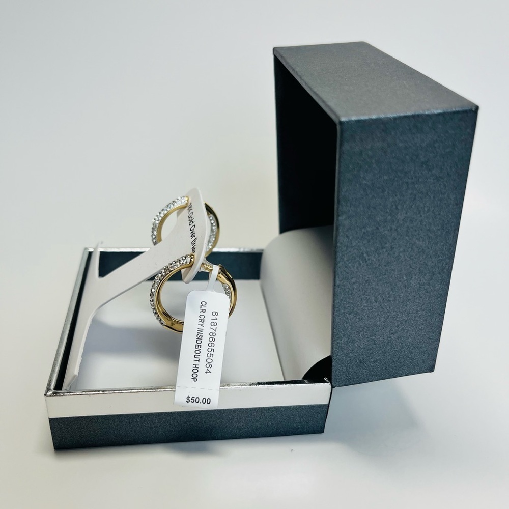 And Now This High Polished Hinged Crystal Pave Hoop Earring, Gold Plate - Picture 6 of 10